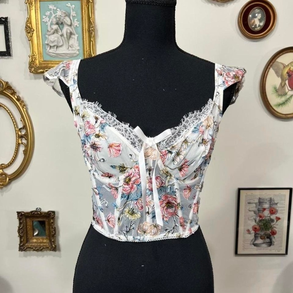 Victoria's Secret Floral Embroidered Lace Corset Top – White Mesh – 34D
